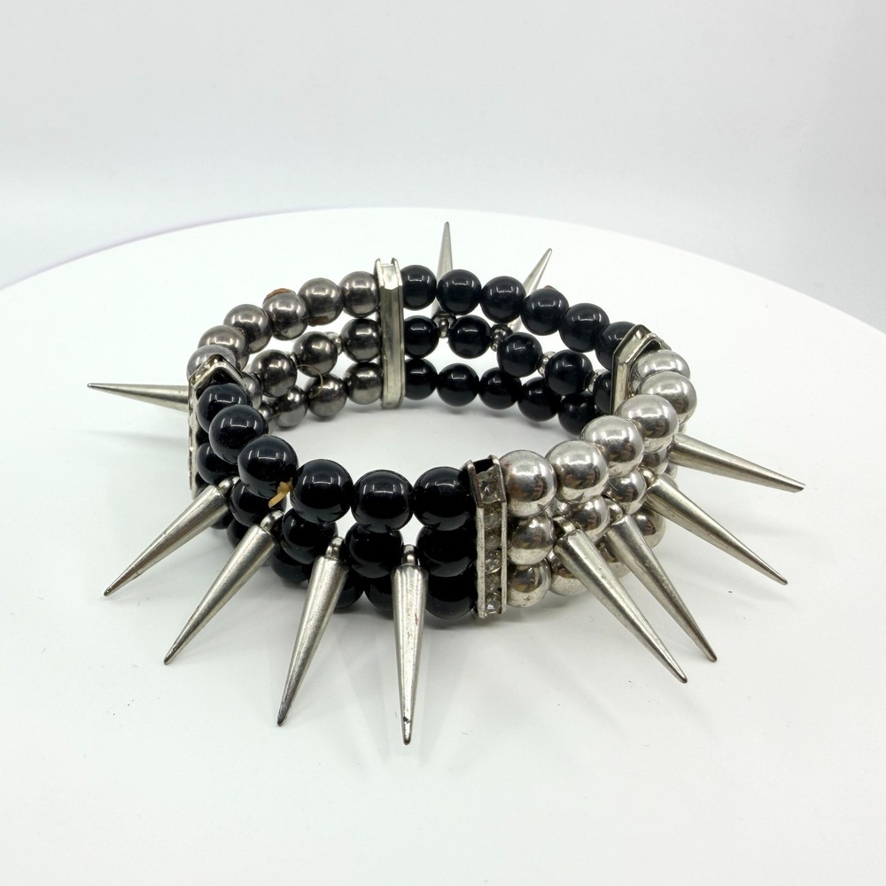 Vintage Punk Black Onyx Glass Bead Silver Spike Stretch Cuff Bracelet